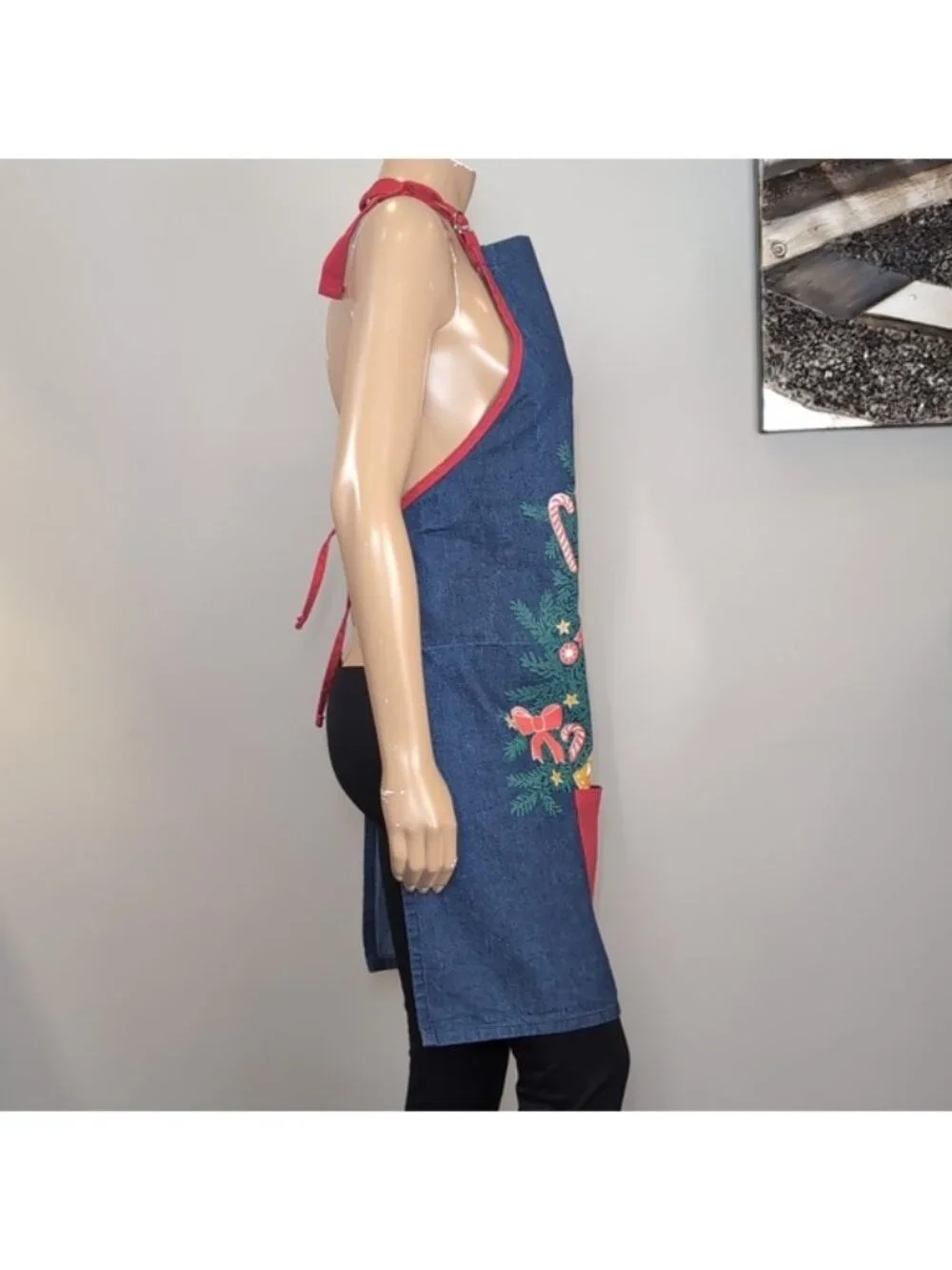 Hatley Festive Denim Apron Christmas Tree Pocket Kitchen Cooking Baking Blue